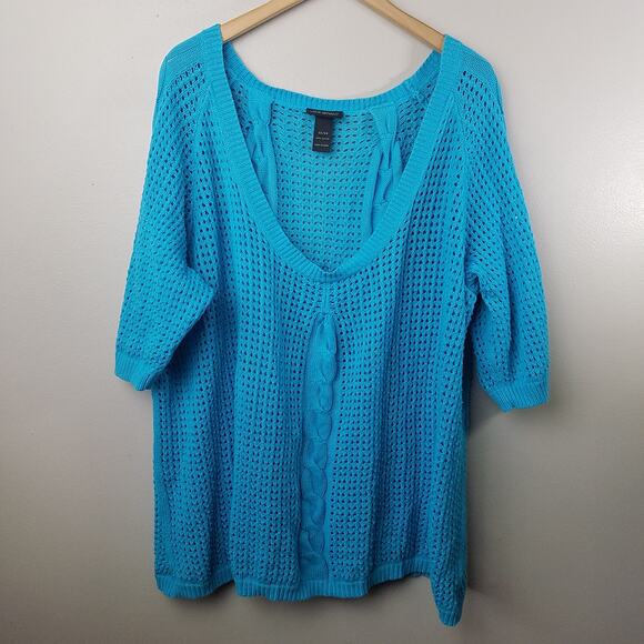 Lane Bryant Sweater Teal Open Knit V Neck 3/4 Sleeve Top Size 22/24 - Picture 9 of 11